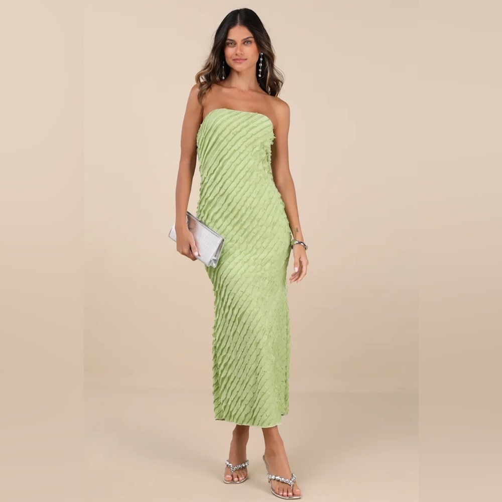 Lulus Faelyn Light Green Strapless Ruffled Midi Dress